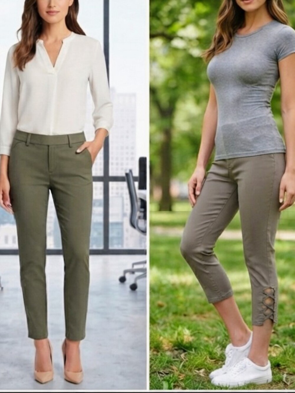 REITMANS L'Iconique & LILY MORGAN Capris Crop Pants Bundle Olive Green Taupe 6 M